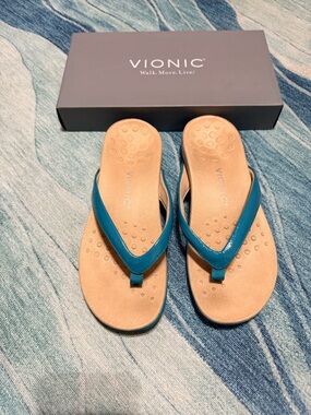 Vionic Lake Blue Patent Thong Sandals for Women